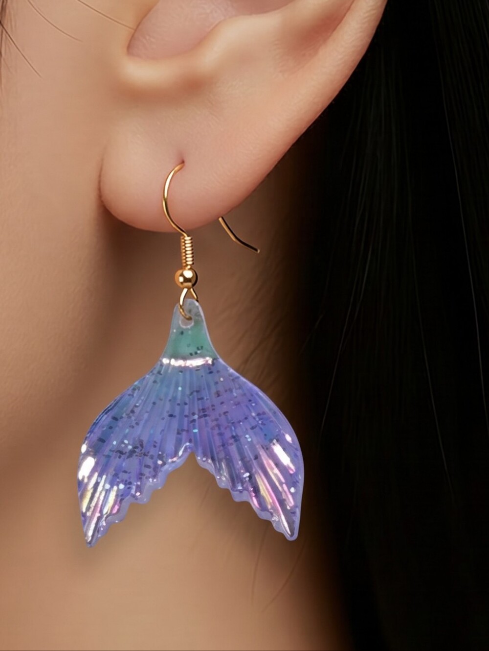 Iridescent Purple Mermaid Tail Earrings Glitter Dangle Ocean Fantasy Jewelry NWT